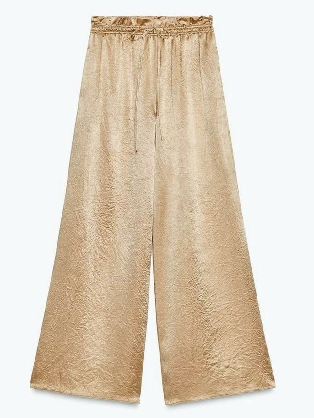 Zara ZW Collection Gold Satin Wide Leg Pants Metallic High Rise Drawstring M NWT - Picture 6 of 17